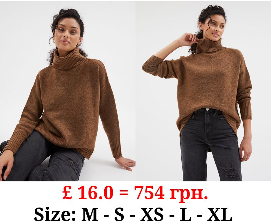 Tan Slouchy Roll Neck Knitted Jumper