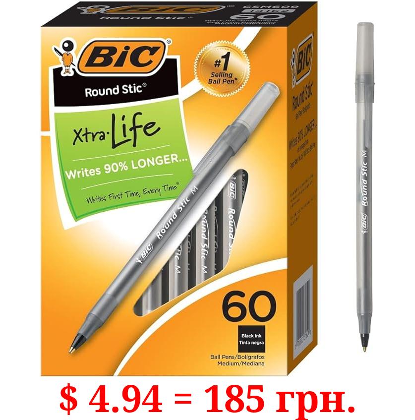 BIC Round Stic Xtra Life Ballpoint Pens, Medium Point (1.0mm), Black, 60-Count Pack, Flexible Round Barrel For Writing Comfort (GSM609-BLK)