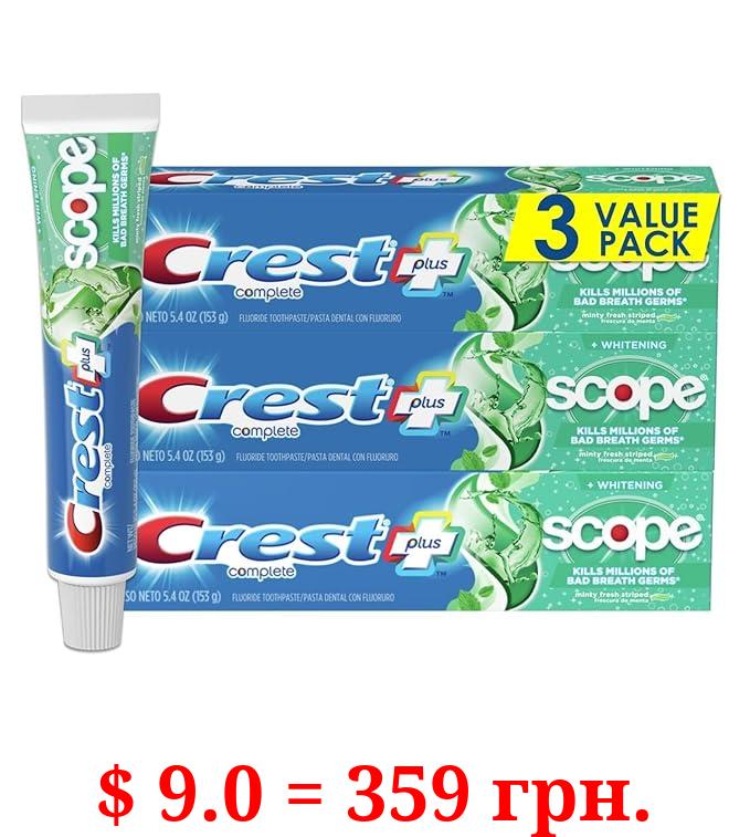 Crest + Scope Complete Whitening Toothpaste, Minty Fresh, 5.4 Oz (Pack of 3)