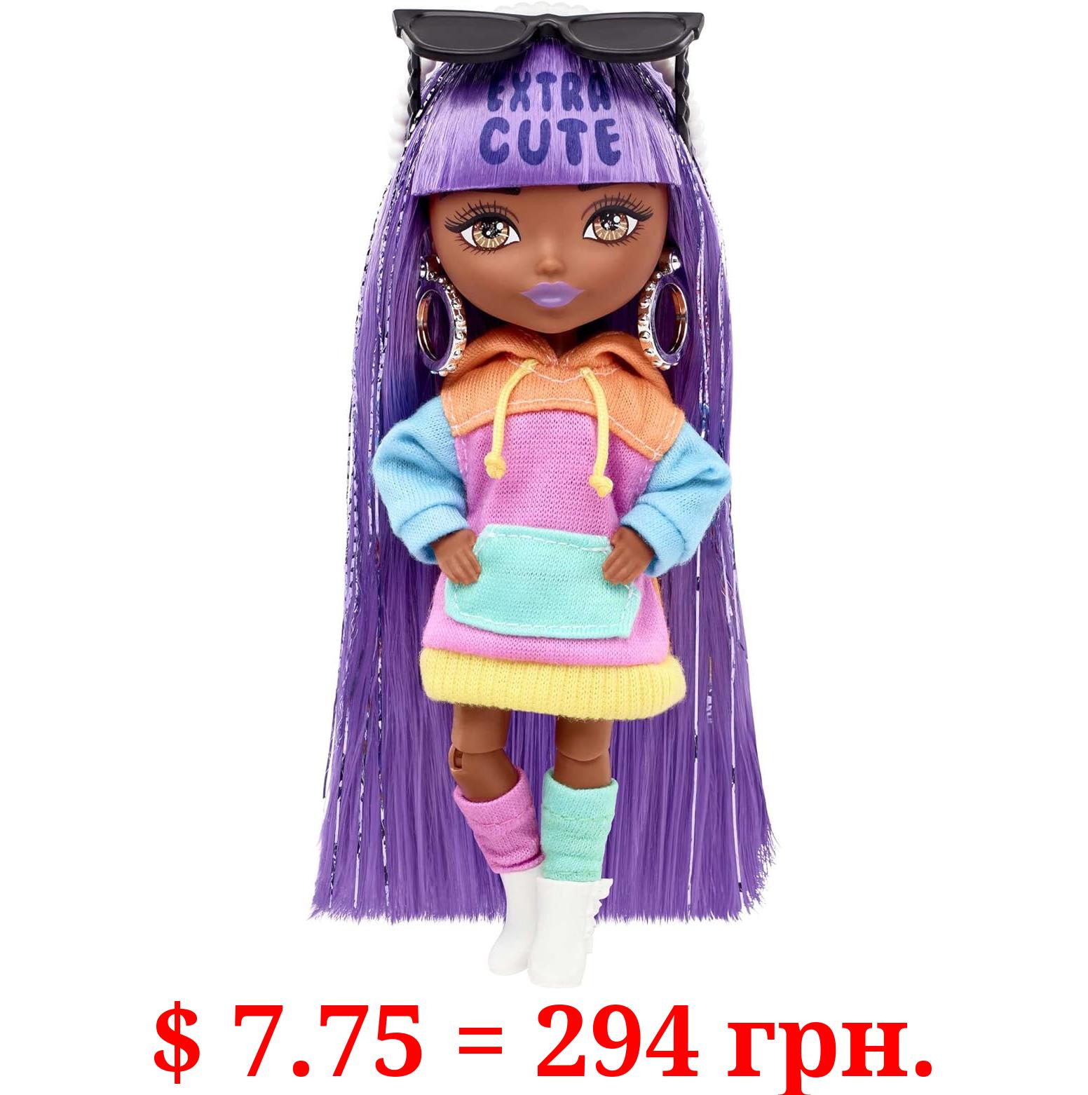 Barbie Extra Minis Doll #7 (5.5 in) Wearing Color-Block Hoodie Dress & Boots, with Doll Stand & Accessories, Toy for Kids Ages 3 Years Old & Up