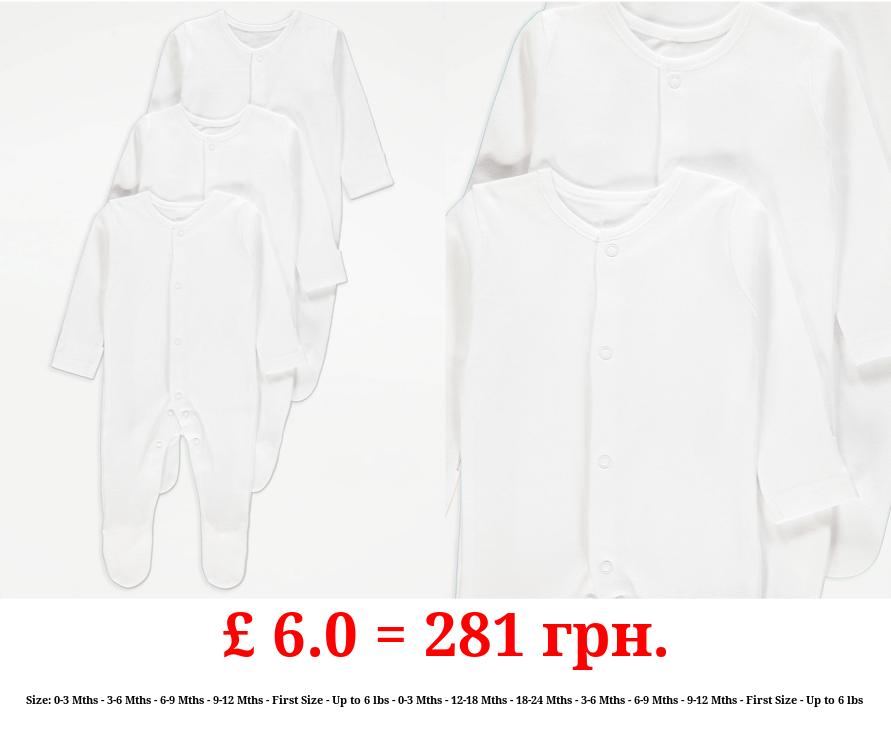 White Long Sleeve Sleepsuits 3 Pack