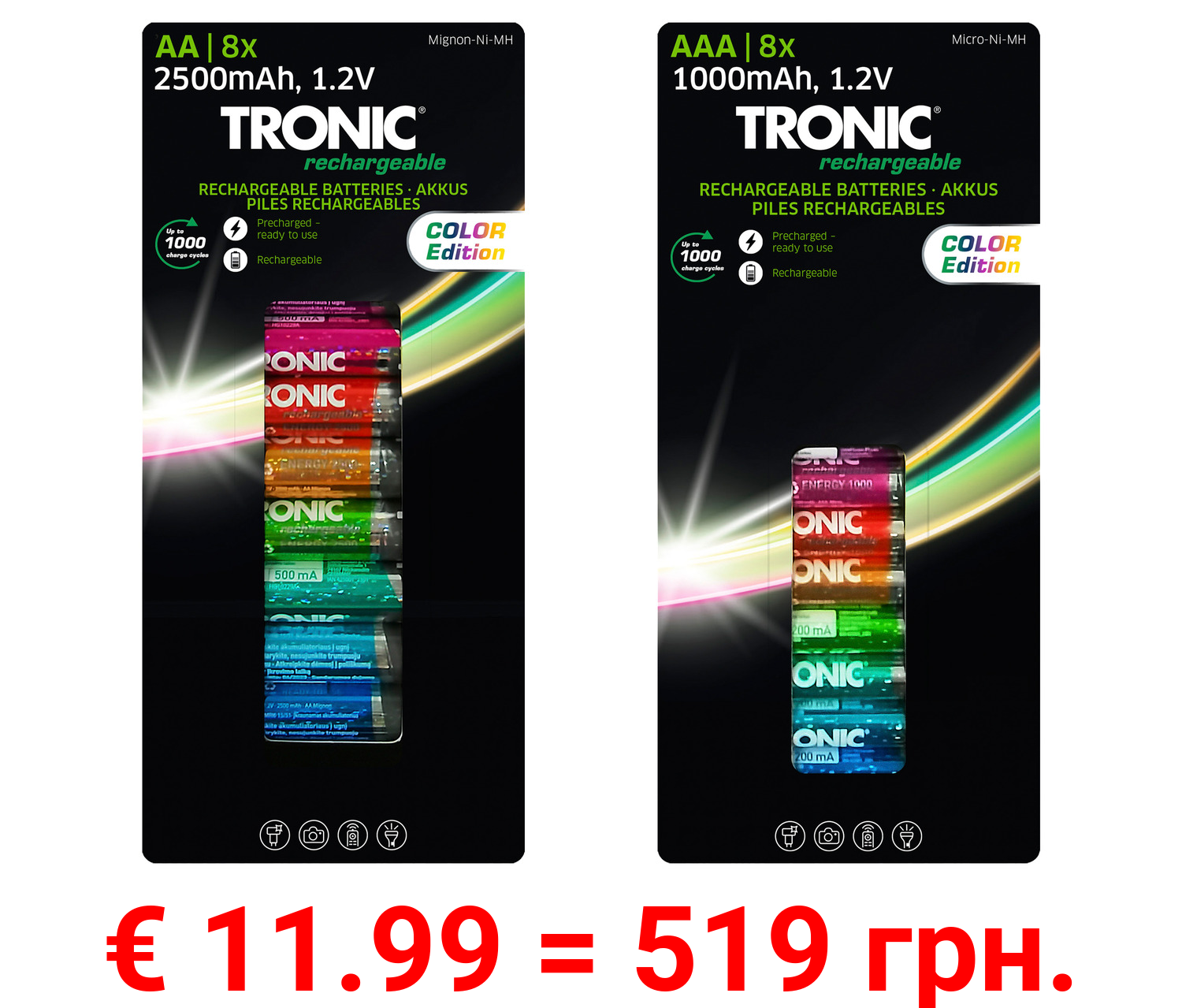 TRONIC® Ni-MH-Akkus »Ready 2 Use Color«, 8 Stück