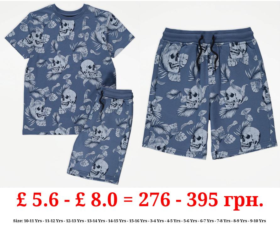 Blue Palm Leaf Skull T-Shirt and Shorts Outfit