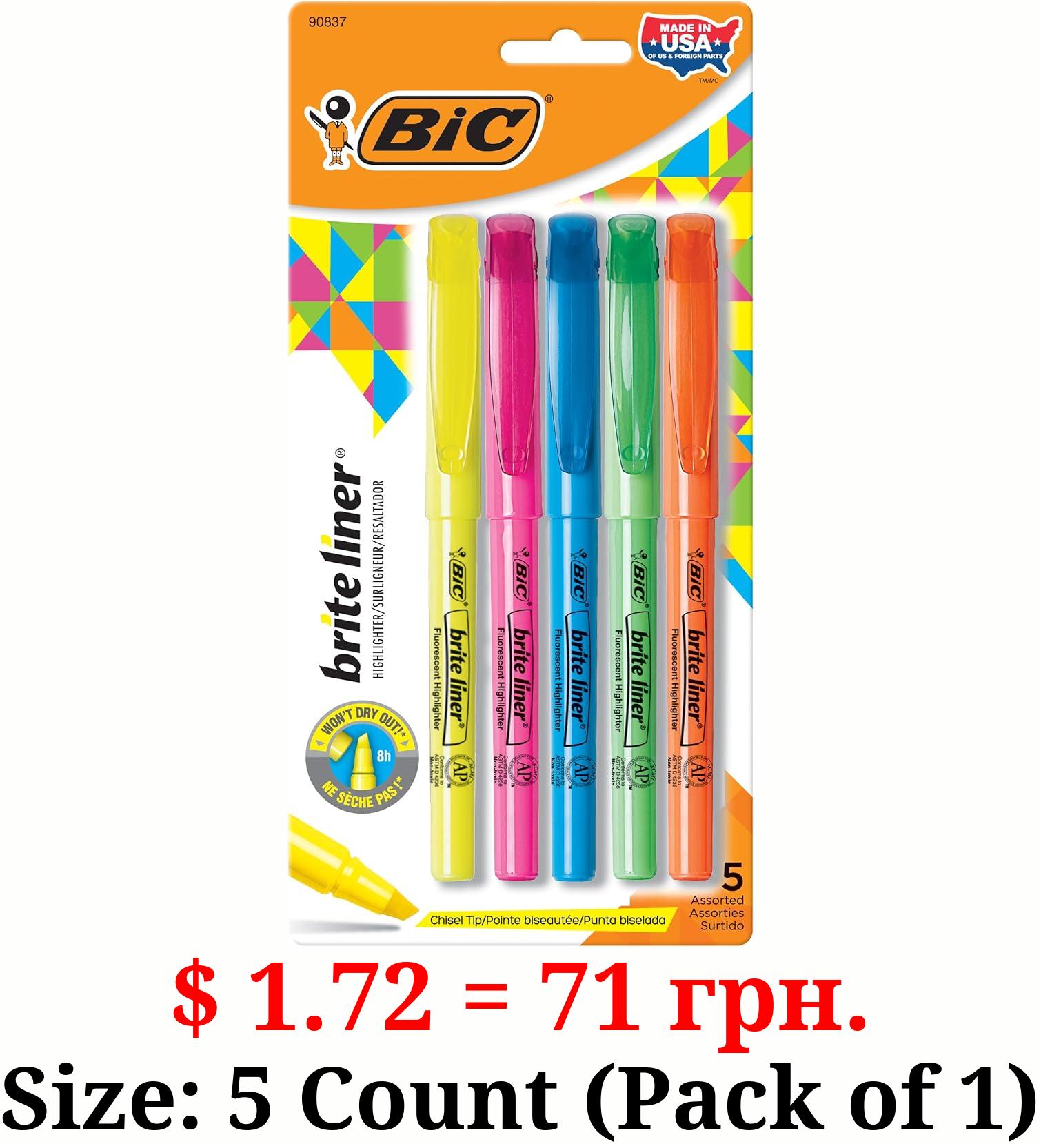 BIC Brite Liner Highlighters, Chisel Tip, 5-Count Pack of Highlighters Assorted Colors, Ideal Highlighter Set for Organizing and Coloring