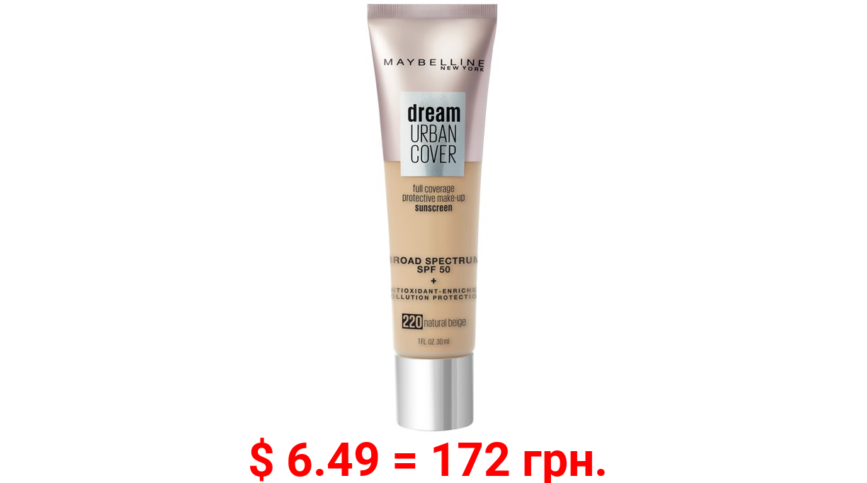Maybelline Dream Urban Cover Flawless Coverage Foundation Makeup, SPF 50, Natural Beige, 1 fl. oz.