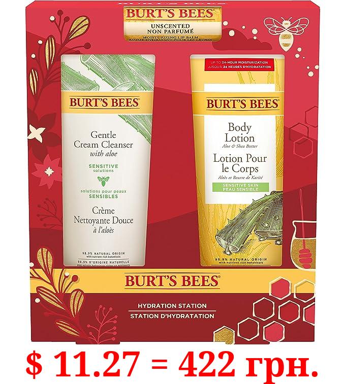 Burt's Bees Christmas Gifts, 3 Body Care Stocking Stuffers Products, Hydration Station Set - Unscented Lip Balm, Gentle Cream Cleanser & Aloe Shea Butter Body Lotion