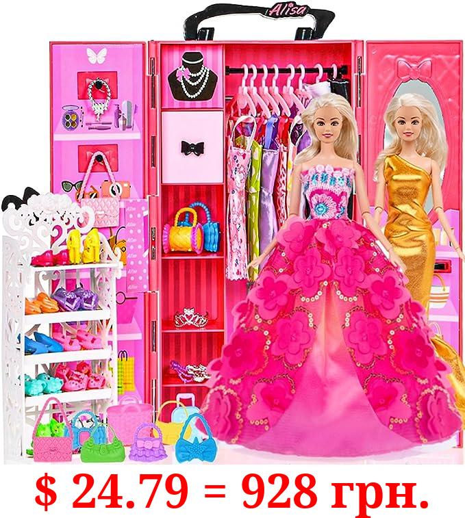 105 Pcs Doll Closet Wardrobe Set Dream Closet Playest Doll Clothes and Accessories for 11.5 Inch Girl Doll Including Wardrobe,Shoes Rack,Dress,Shoes Hangers,Necklace and Other Accessories(No Doll)