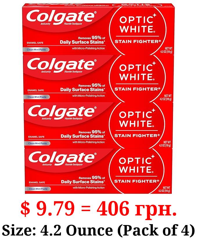 Colgate Optic White Stain Fighter Teeth Whitening Toothpaste, Anticavity Fluoride Toothpaste for Whitening Teeth, Helps Remove Daily Surface Stains, Clean Mint Paste, 4 Pack, 4.2 oz