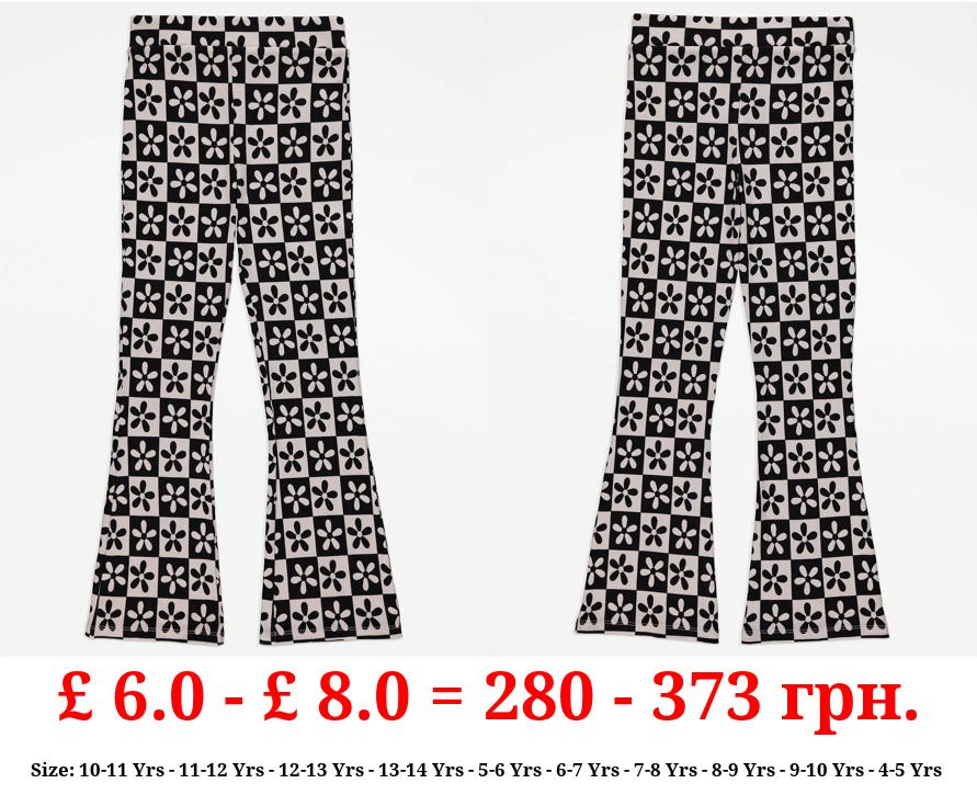 Monochrome Ribbed Floral Kick Flare Trousers