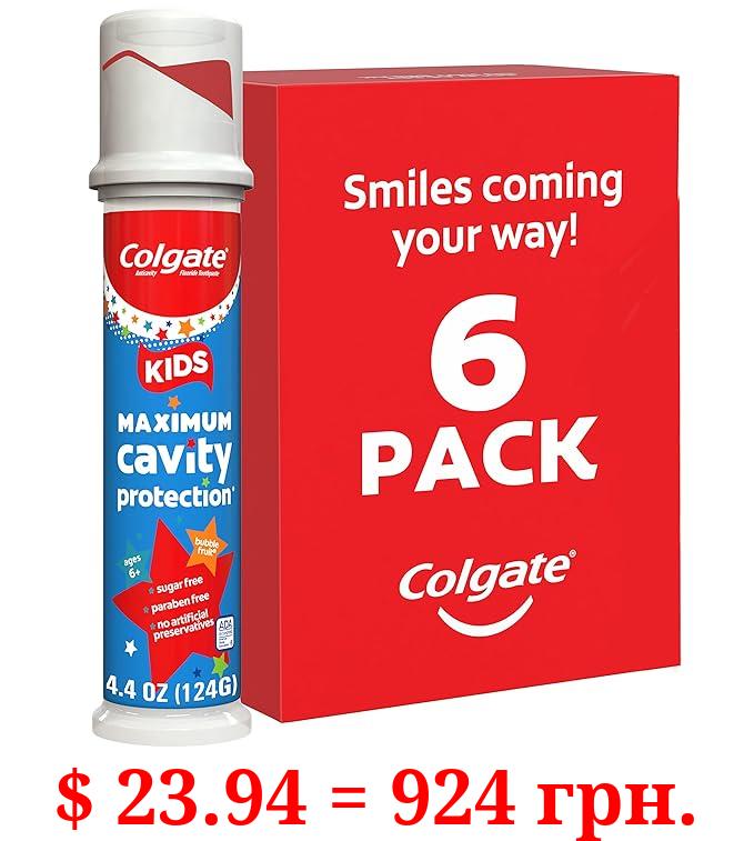 Colgate Kids Toothpaste Pump with Fluoride, Anticavity & Cavity Protection Toothpaste, For Ages 6+, Mild Bubble Fruit Flavor, 4.4 Ounce, 6 Pack