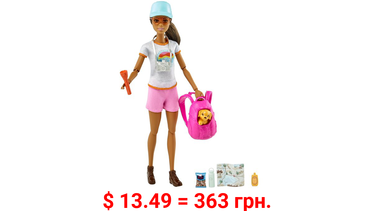 Barbie Hiking Doll, Brunette, with Puppy & 9 Themed Accessories