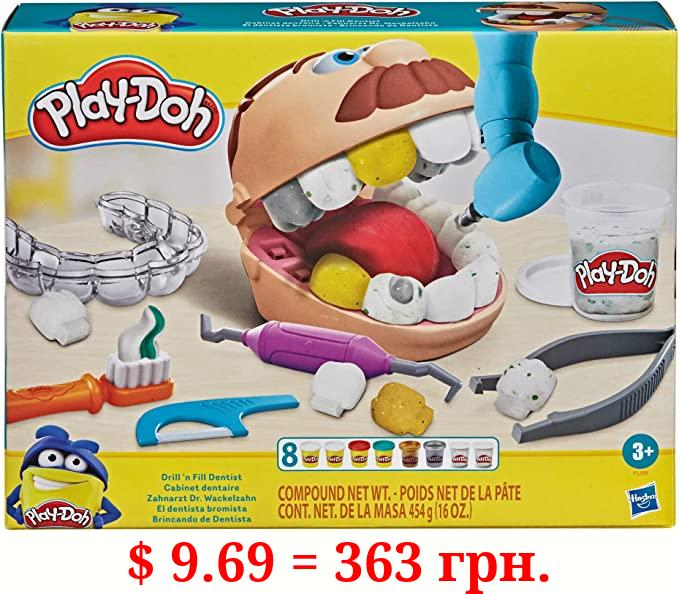 Play-Doh Drill 'n Fill Dentist Toy for Kids 3 Years and Up with Cavity and Metallic Colored Modeling Compound, 10 Tools, 8 Total Cans, 2 Ounces Each, Non-Toxic, Assorted Colors