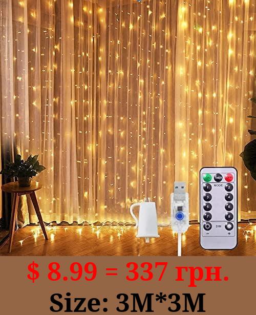 Sunlisky Curtain Lights for Bedroom 300LED Fairy Curtain Lights 9.8FT x 9.8FT Warm White 8 Modes Fairy Lights USB Powered with Remote Control Curtain String Light for Christmas Weddings Decorations