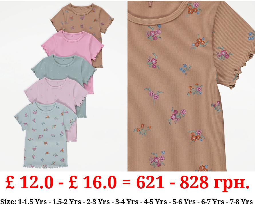 Floral Ribbed Lettuce Edge T-Shirt 5 Pack