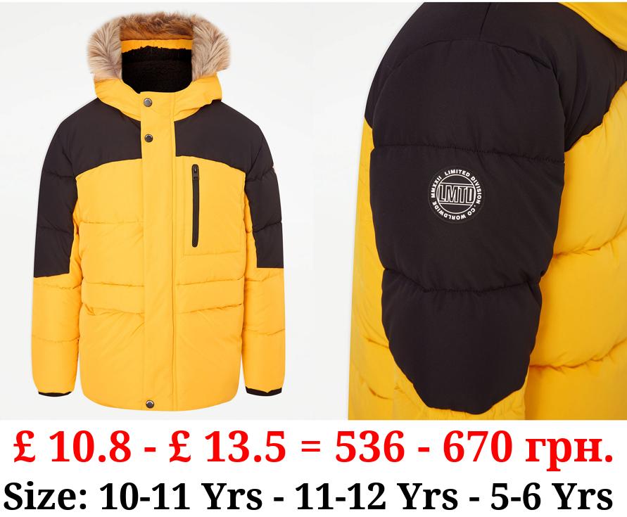 Yellow Faux Fur Trim Padded Coat