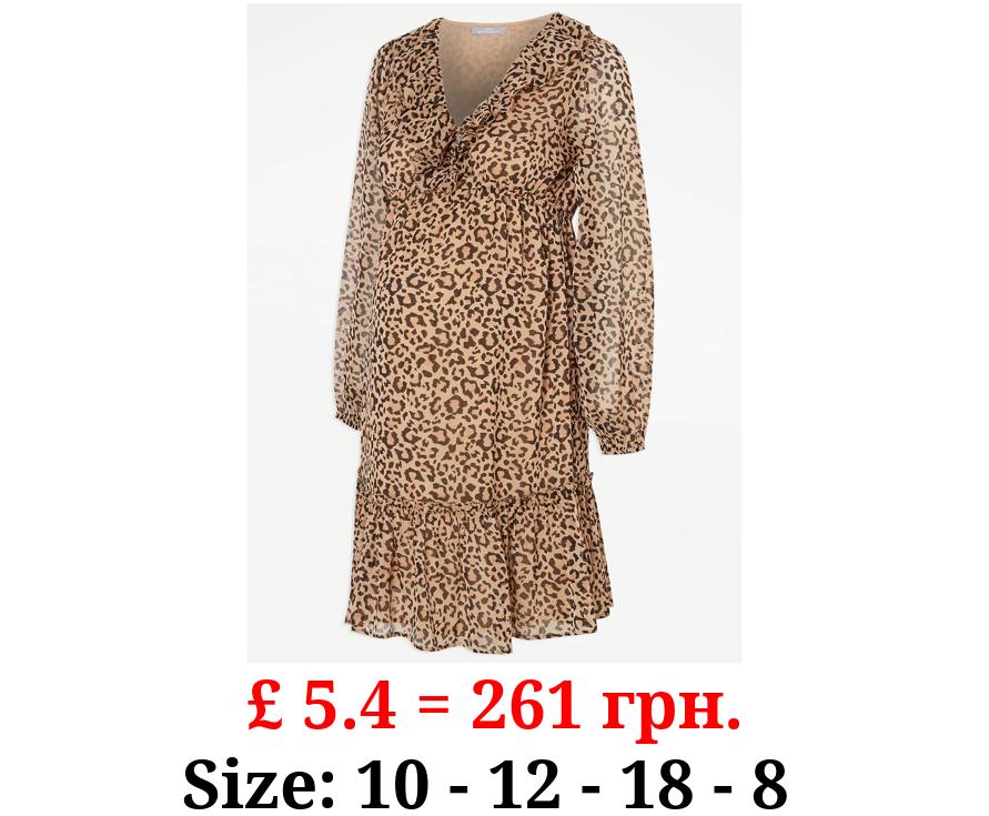 Maternity Brown Leopard Chiffon Mini Dress