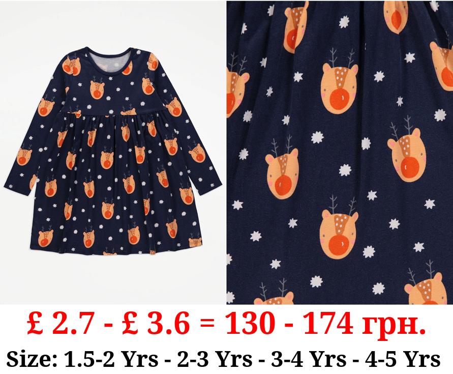 Navy Rudolph Long Sleeve Jersey Dress