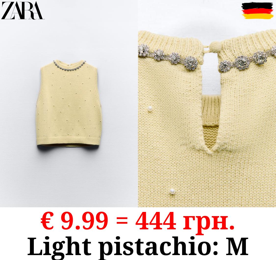 KNIT TOP WITH RHINESTONES AND FAUX PEARLS