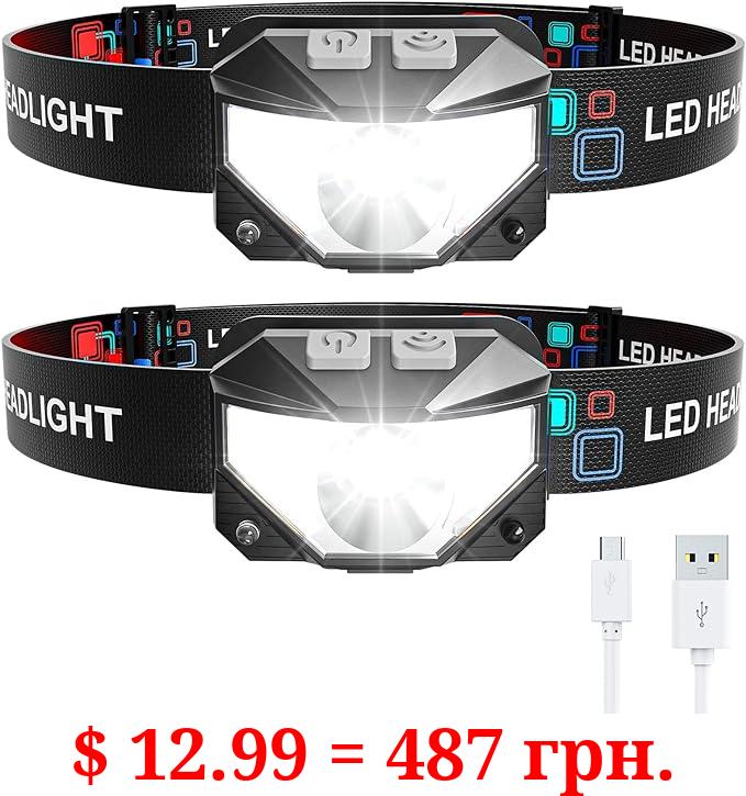Juninp Headlamp Rechargeable, 2-Pack Head Lamp Outdoor LED Rechargeable, 1100 Lumen Super Bright White Red Light Flashlights, Waterproof, Motion Sensor, 8 Modes, Outdoor Fishing and Camping Headlight