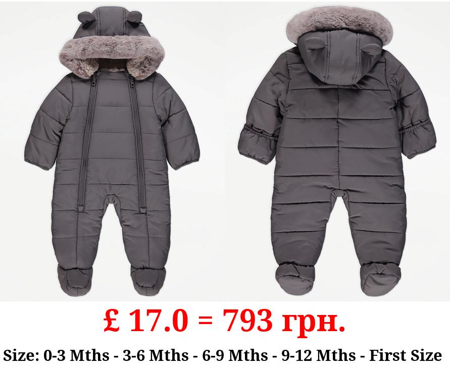 Grey Padded Faux Fur Trim Snowsuit