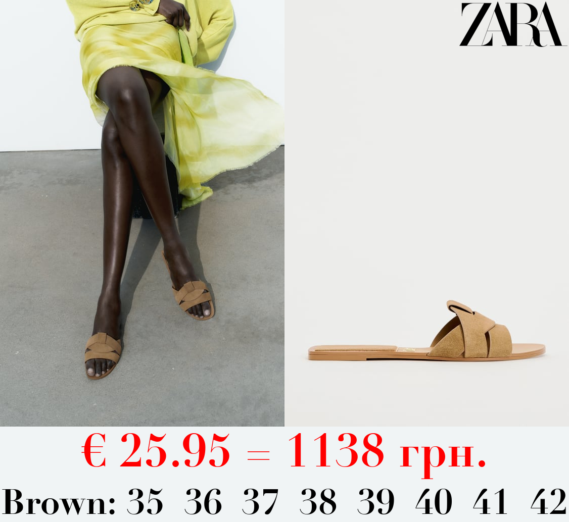 CRISS-CROSS SPLIT LEATHER FLAT SLIDER SANDALS