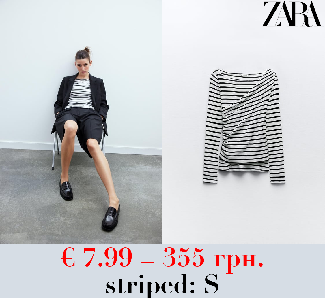 DELICATE STRIPED ASYMMETRIC TOP WITH OVERLAY DETAIL