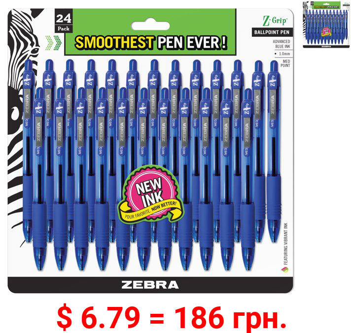 Zebra Pen Z-Grip retractable ballpoint pen, 1.0mm, blue ink, 24-pack