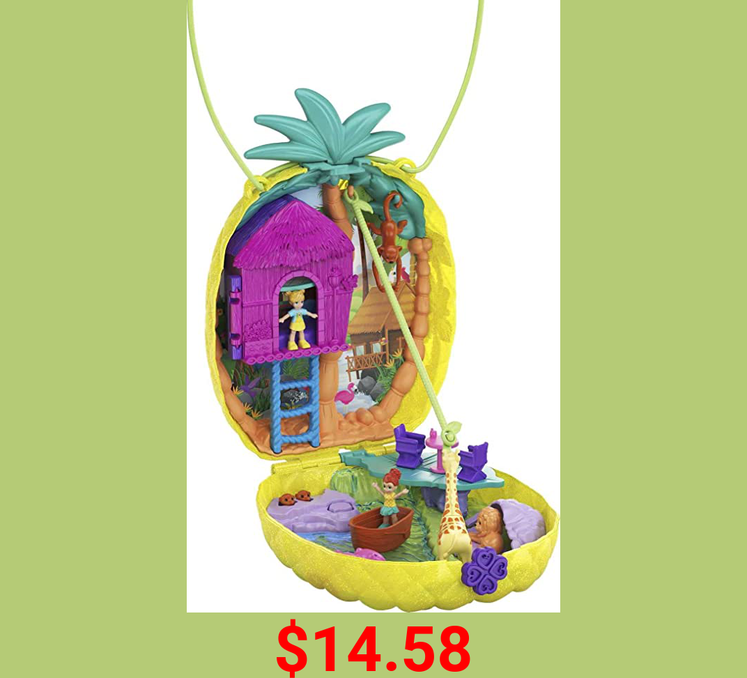 Polly Pocket Tropicool Pineapple Wearable Purse Compact with 8 Fun Features, Micro Polly and Lila Dolls, 2 Accessories and Sticker Sheet; for Ages 4 and Up