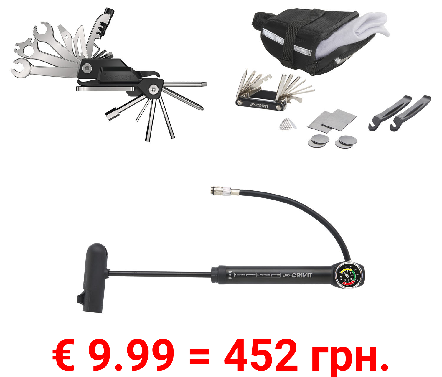 CRIVIT Fahrrad Multifunktionstool / Untersatteltasche mit Werkzeug / Minipumpe mit Manometer