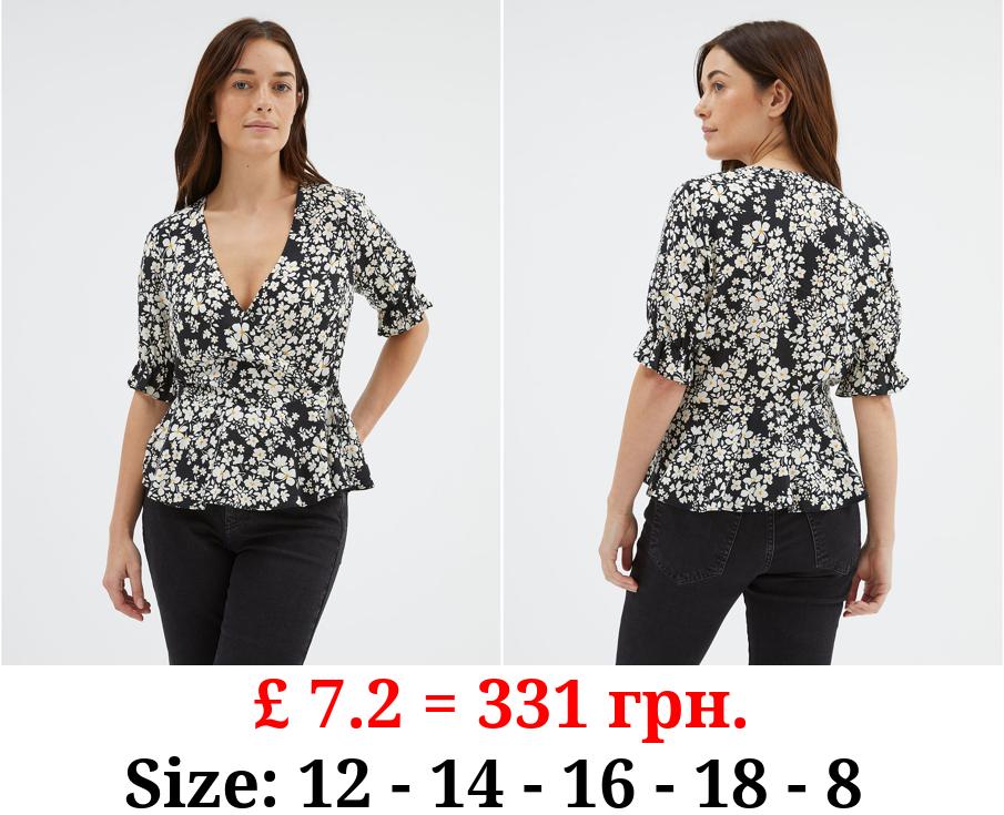 Black Daisy Print Wrap Front Blouse