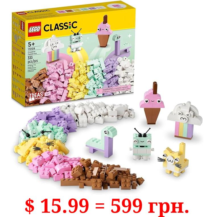 LEGO Classic Creative Pastel Fun Bricks Box 11028, Building Toys for Kids, Girls, Boys Ages 5 Plus with Models; Ice Cream, Dinosaur, Cat & More, Creative Learning Gift