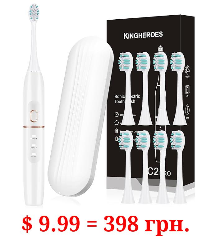 kingheroes Electric Toothbrush Set, Comes with 8 Brush Heads & Travel Case,4 Modes with 2 Minutes Built in Smart Timer, One Charge for 60 Days, 42000 VPM Motor (White)