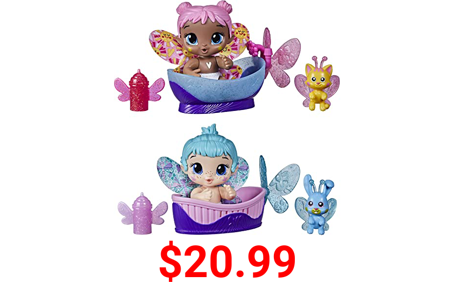 Baby Alive Glo Pixies Minis 2-Pack, Bubble Sunny and Aqua Flutter, 3.75-Inch Glow-in-The-Dark Pixie Doll Toy, Kids 3 and Up, 2 Surprise Friends