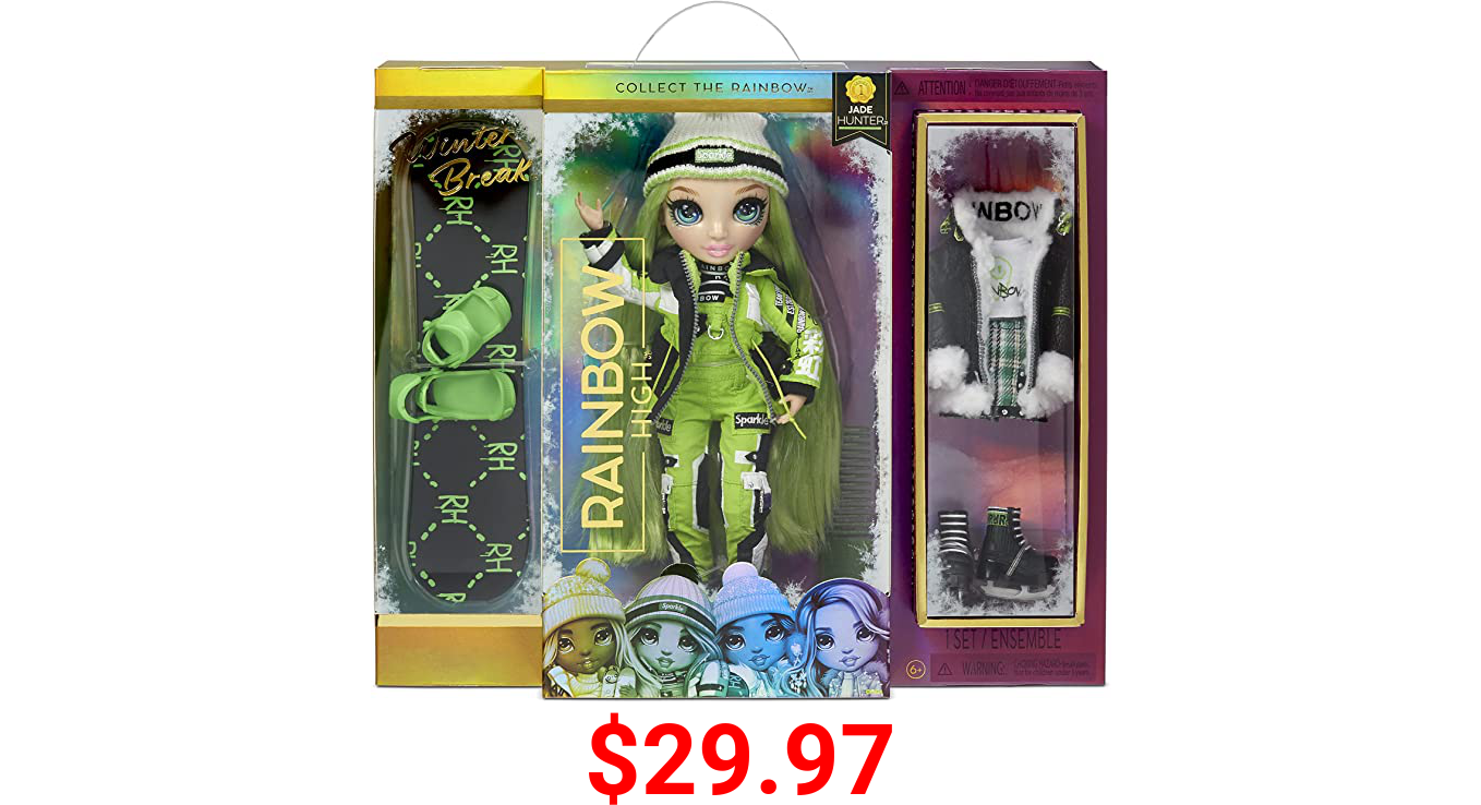 Rainbow High Winter Break Jade Hunter – Green Fashion Doll and Playset with 2 Designer Outfits, Snowboard and Accessories