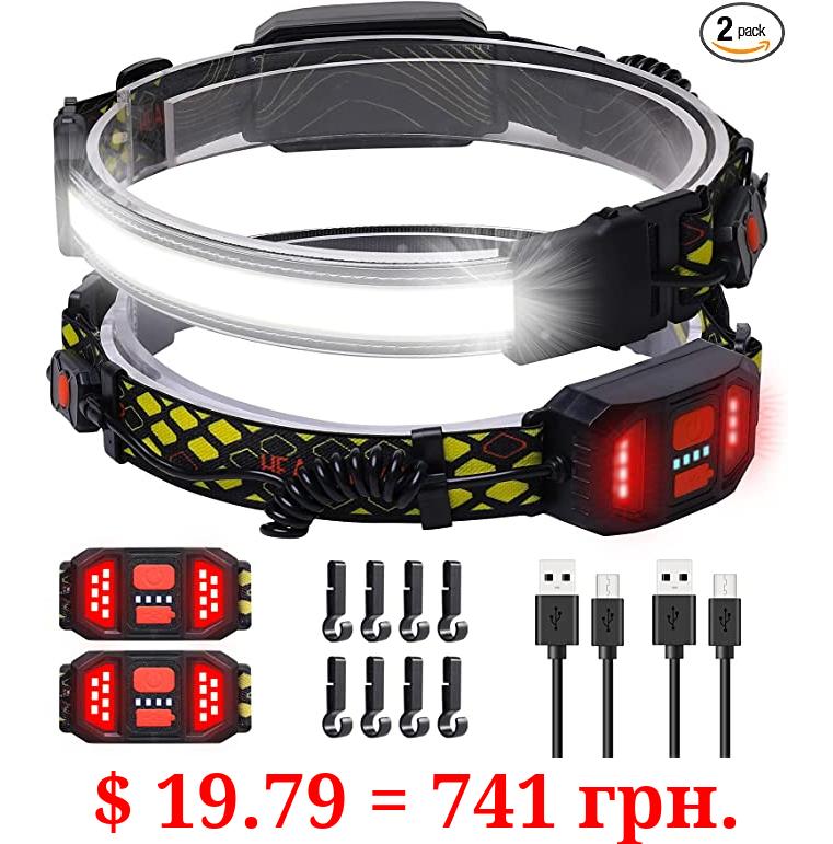 LED Headlamp Rechargeable, Headlamps for Adults 1000Lumens 2 Buttons 260° Bright Beam Streamlight Headlamp Waterproof with Red Taillight for Running Hiking Camping Cycling (2 Pack)