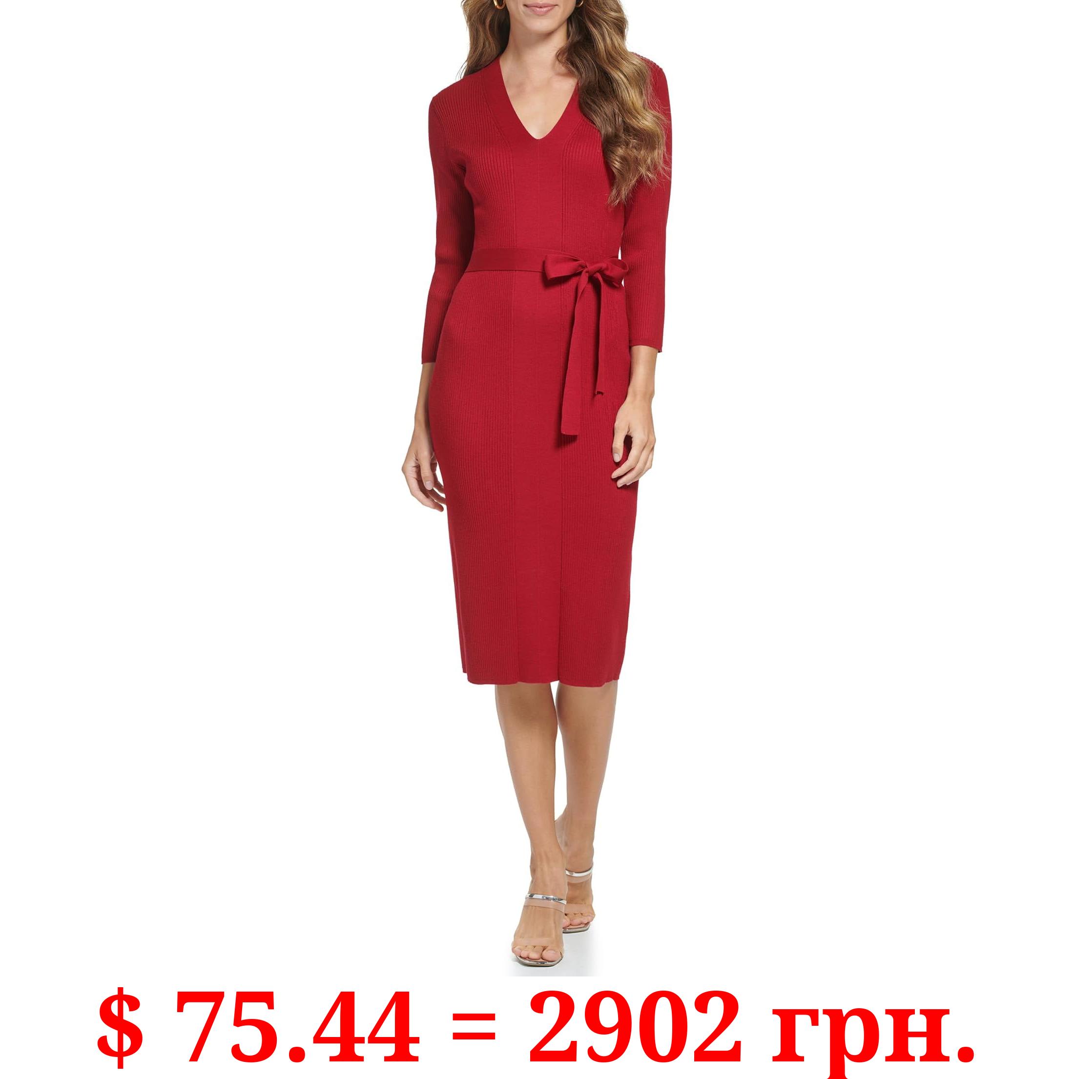 DKNY Women's Tie Waist Sweater V-Neck Dress