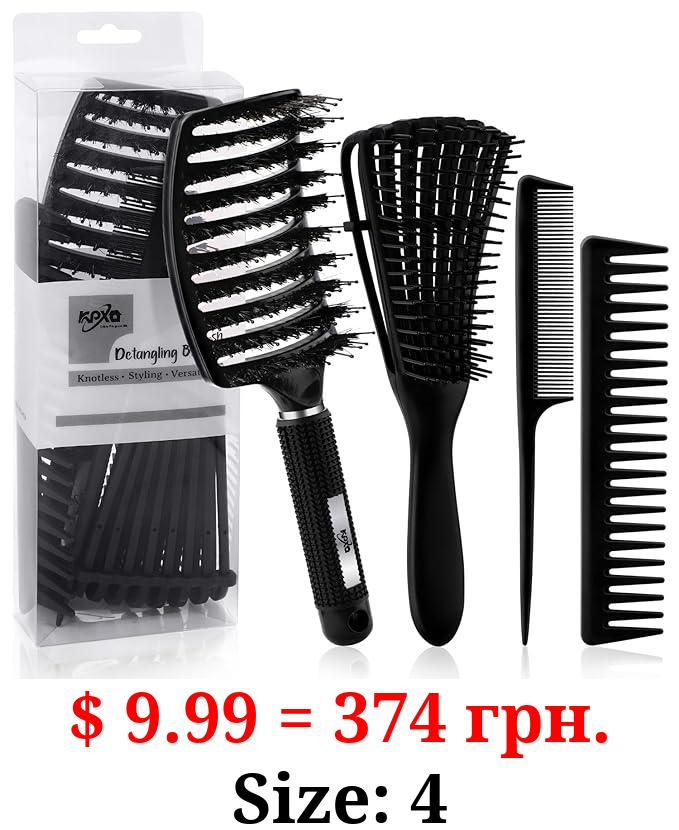 4pcs Detangling Brush Set for Afro America/African Hair Textured 3a to 4c Kinky Wavy/Curly/Coily/Wet/Dry/Oil/Thick/Long Hair, Hair Detangler for Beautiful Shiny Curls (4, Black)