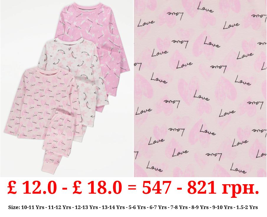 Pink Love Print Pyjamas 3 Pack