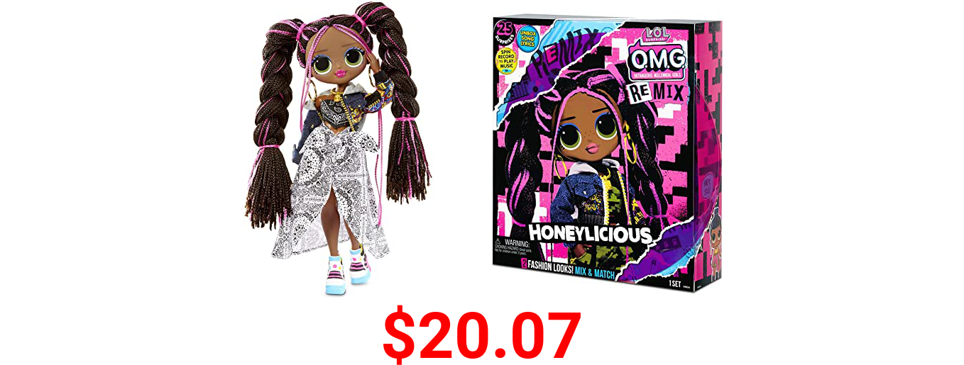 LOL Surprise OMG Remix Honeylicious Fashion Doll, Plays Music with 25 Surprises Including Shoes, Hair Brush, Doll Stand, Magazine, and Record Player Package - For Girls Ages 4+