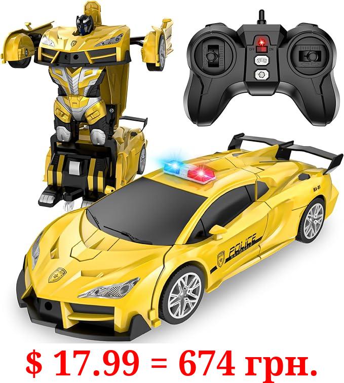 LNNKINE Remote Control Car, Transform Robot RC Cars, 2.4Ghz Transforming Police Car Toy with LED Light, One-Button Deformation & Rotating Drifting, Toys for 5+ Year Boys/Girls