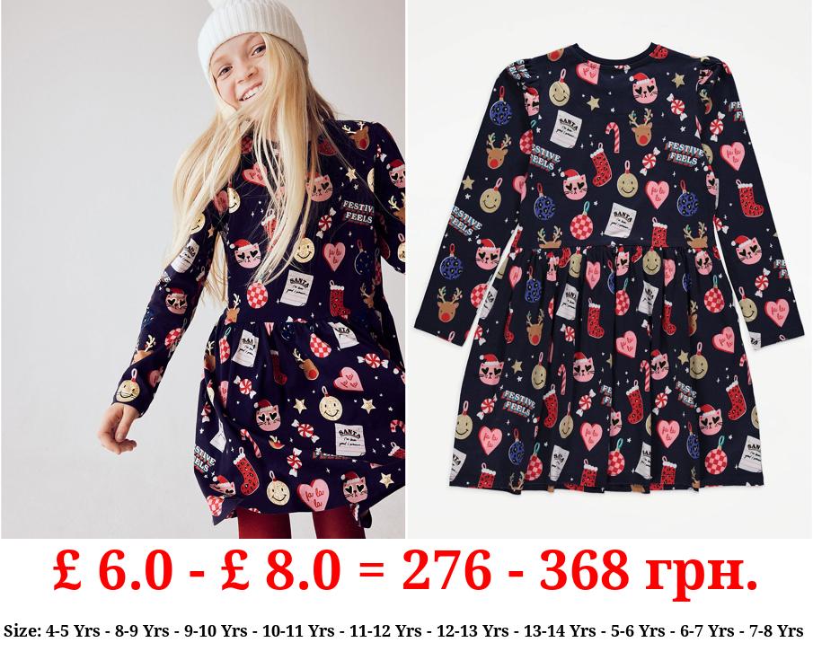 Navy Fun Christmas Print Skater Dress