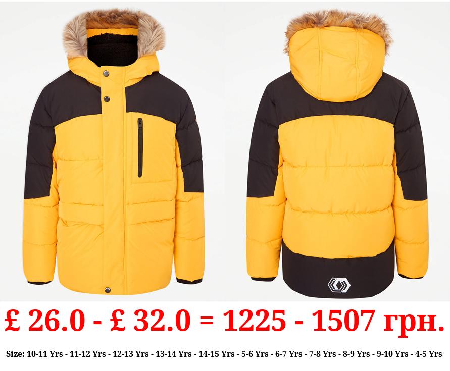 Yellow Faux Fur Trim Padded Coat