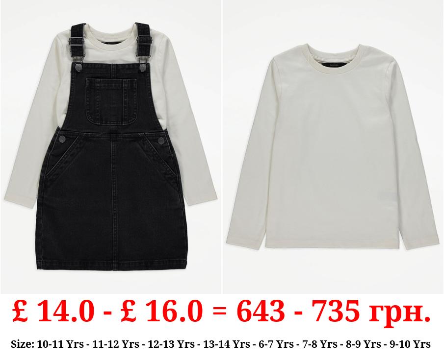 Black Denim Pinafore Dress and Top Outfit