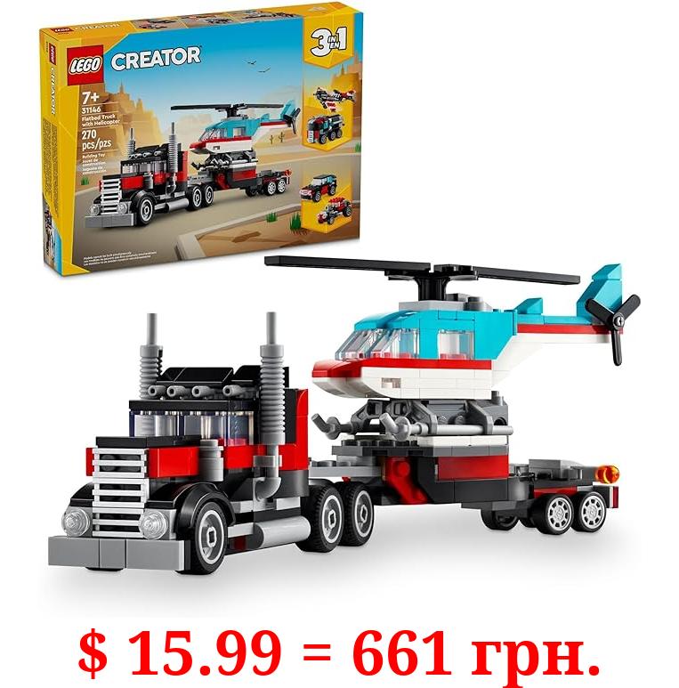 LEGO Creator 3 in 1 Flatbed Truck with Helicopter Toy, Transforms from Flatbed Truck Toy to Propeller Plane to Hot Rod and SUV Car Toys, Gift Idea for Boys and Girls Ages 7 Years Old and Up, 31146