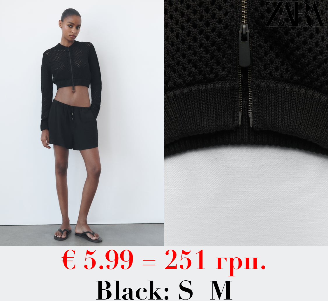 CROPPED KNIT CUTWORK BOMBER JACKET