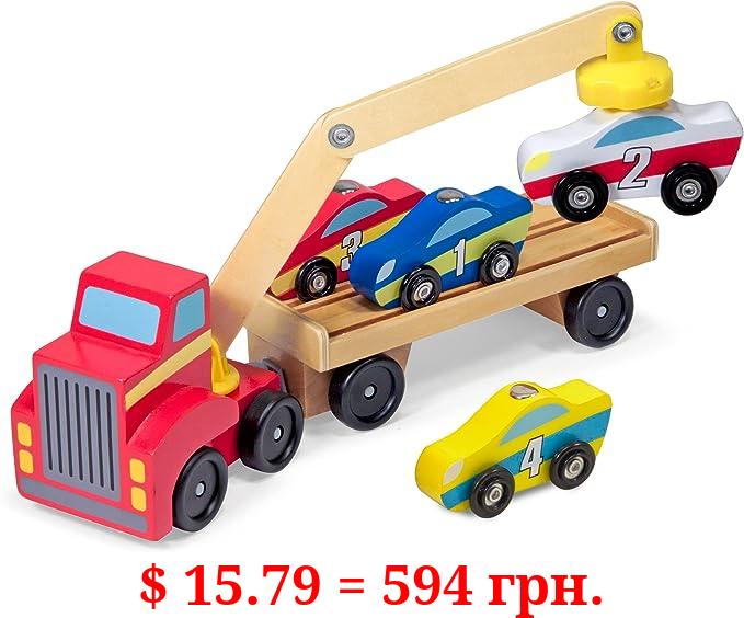 Melissa & Doug Magnetic Car Loader Wooden Toy Set With 4 Cars and 1 Semi-Trailer Truck - Crane Wooden Toy, Vehicle Toys For Kids Ages 3+