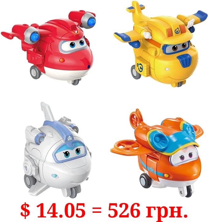 Super Wings 2" Transform-a-Bots 4-Pack, Supercharged Jett, Donnie, Astra, Sunny, Airplane Toys Vehicle Mini Figures, Fun Toys for Kids, Transformer Toys for 3 4 5 Year Old Boys and Girls