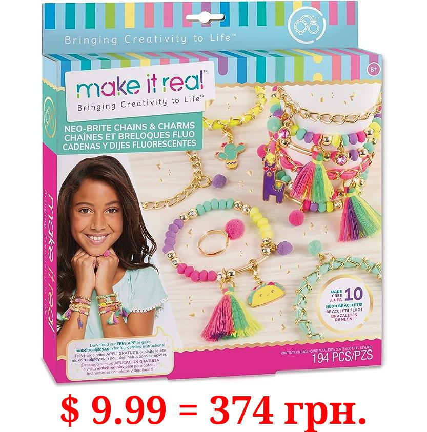 Make It Real: Neo-Brite Chains & Charms Kit - Create 10 Unique Cord & Tassel Charm Bracelets, 195 Pieces, Includes Play Tray,DIY Playful Charm & Jewelry Kit, Tweens & Girls, Arts & Crafts, Ages 8+