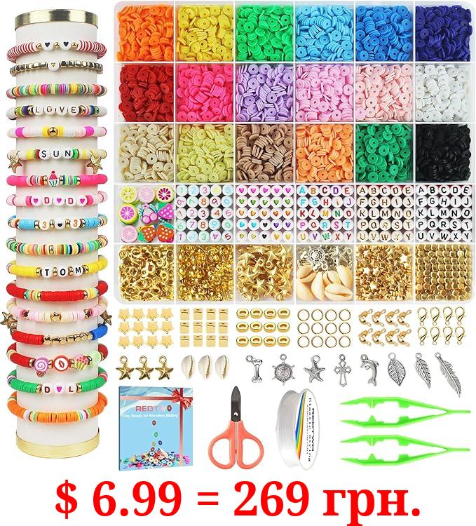 Redtwo 5100 Clay Beads Bracelet Making Kit, Flat Preppy Beads for Friendship Jewelry Making,Polymer Heishi Beads with Charms Gifts for Teen Girls Crafts for Girls Ages 8-12