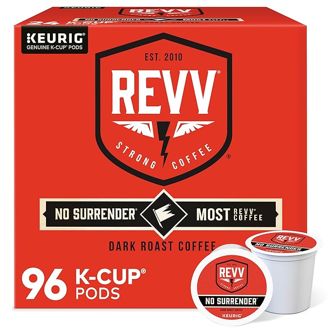 REVV No Surrender Dark Roast Keurig K-Cup Pods, 96 Count, Recyclable, Kosher